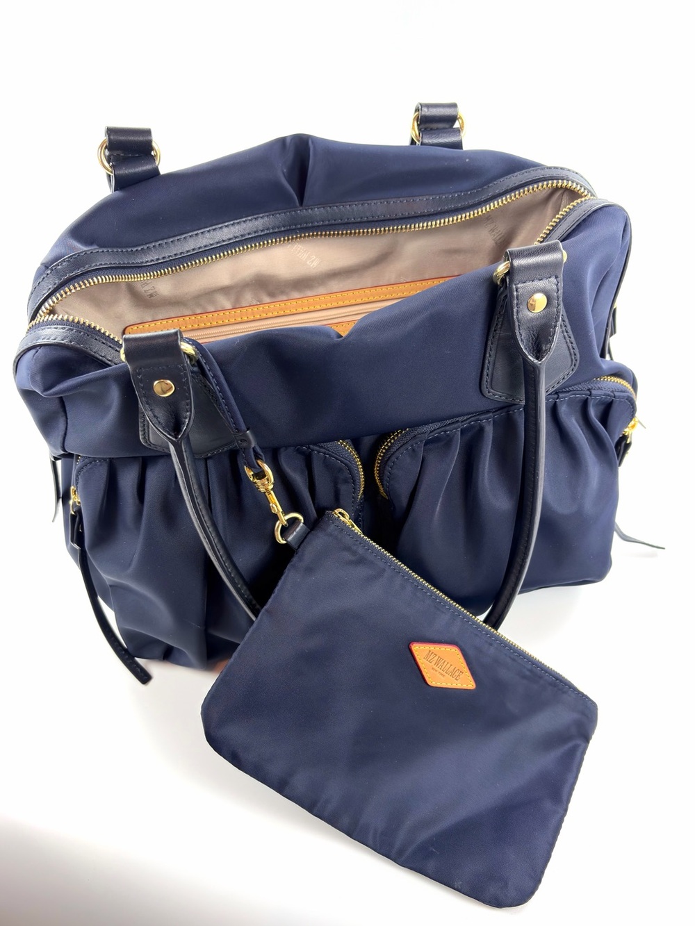 MZ Wallace Jane Bedford Navy Nylon Satchel Multi Pocket Gold Hardware w/pouch - Picture 4 of 14